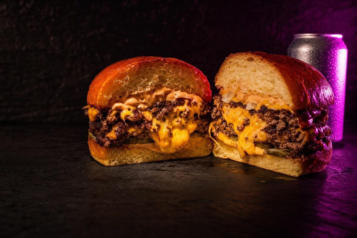 A double smash cheeseburger cut in half showing the layers, cheese pull and brioche bun